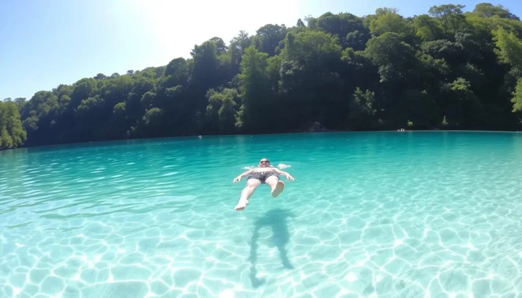 Person swimming in the crystal clear turquoise waters of Lake Kaco