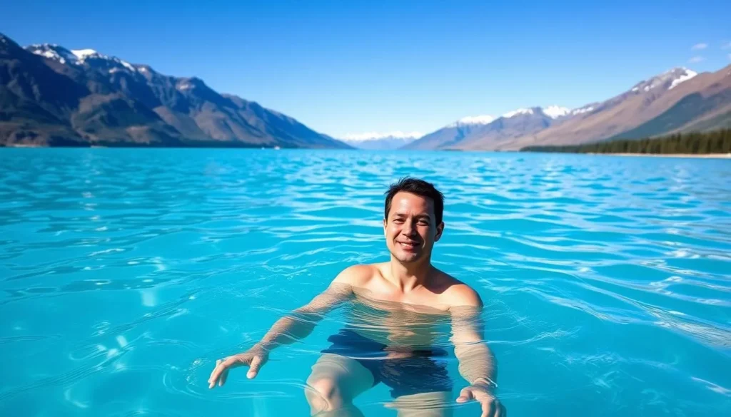 Person swimming in the turquoise waters of Lake Pukaki with mountains in the background