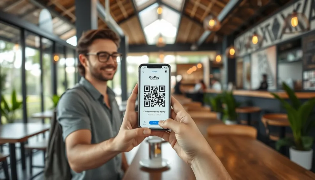 Person using a mobile payment app to pay at a cafe in Bali