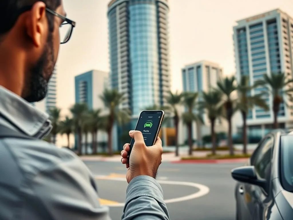 Person using ride-sharing app on smartphone in Saar
