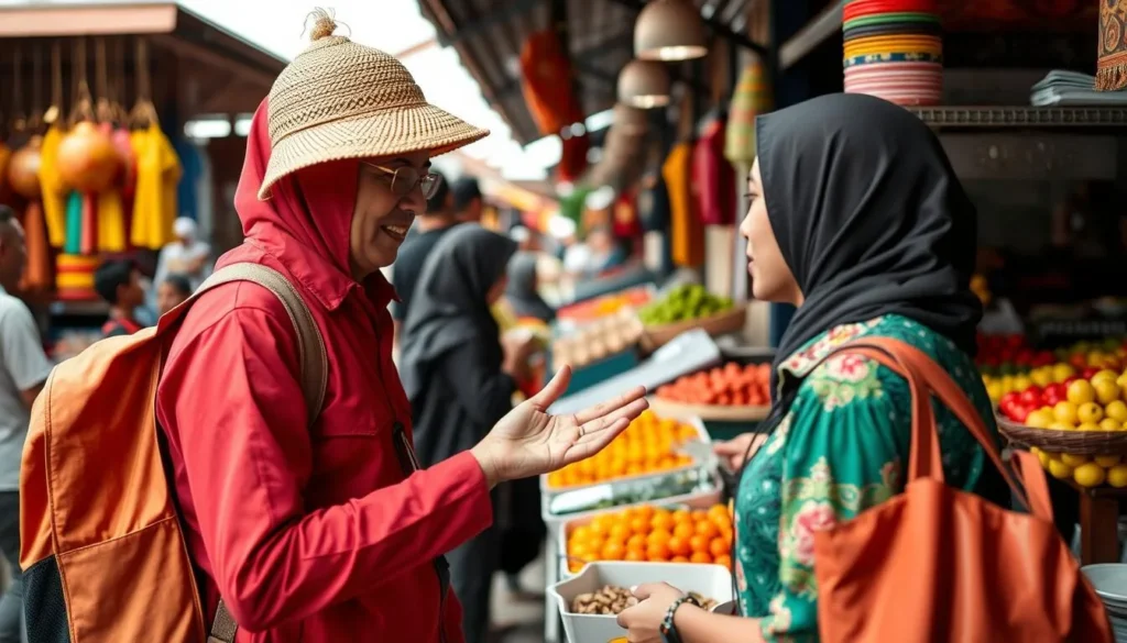 Person using right hand to pay at a local market in Indonesia