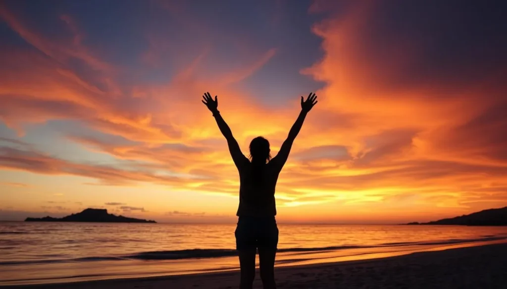Person with arms raised enjoying sunset view at Isla Partida, Mexico
