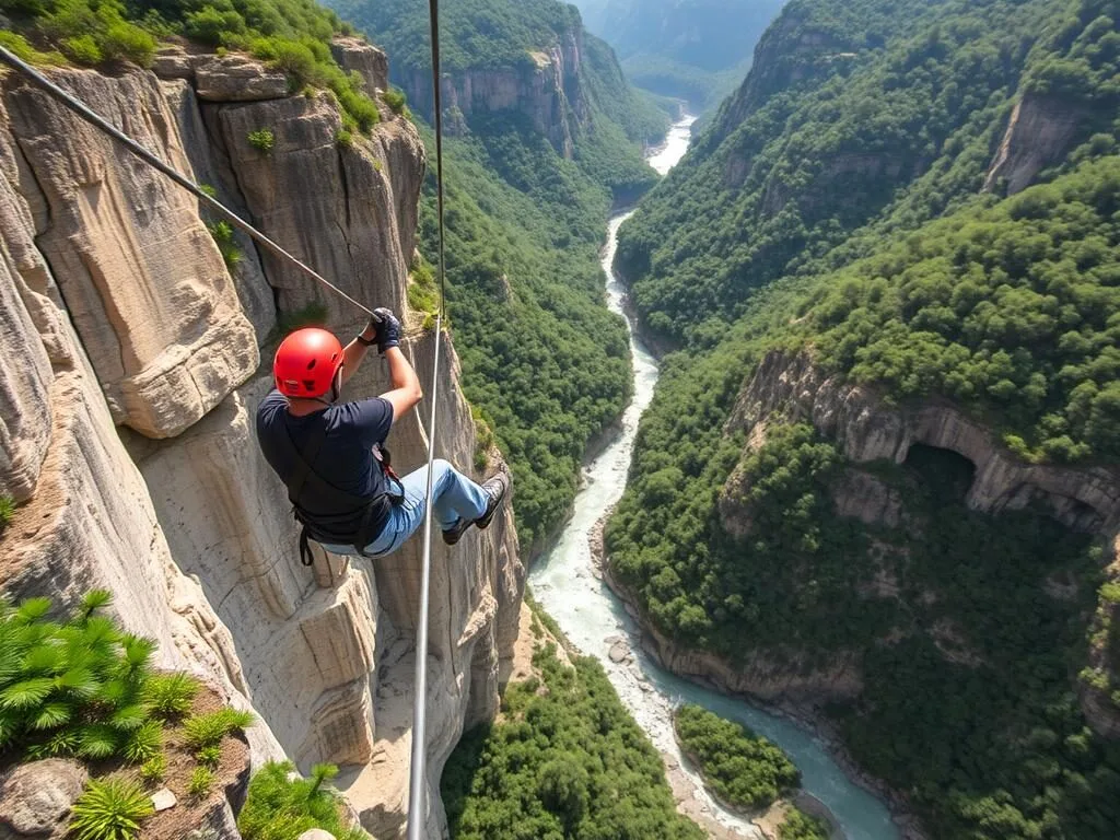 Person zip-lining across the canyon in Cañón del Río Blanco National Park with panoramic views