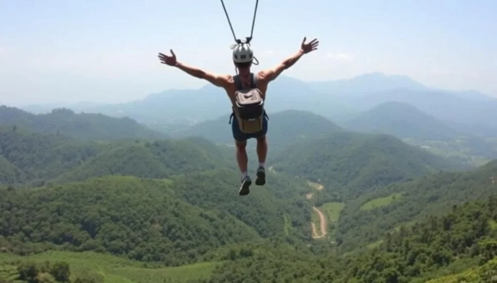 Person ziplining across Ella Gap with mountains and tea plantations below