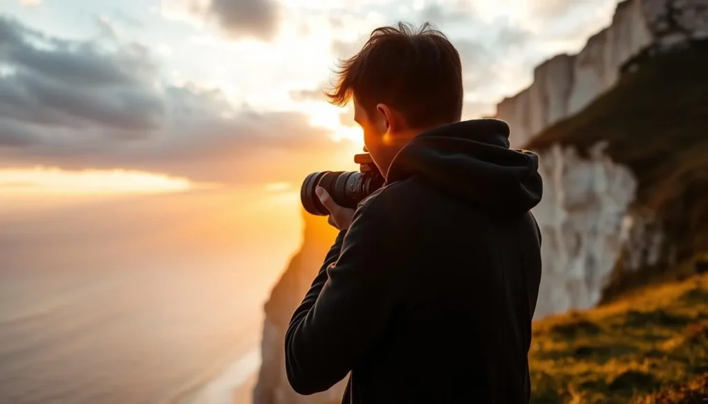 Photographer capturing golden hour light on Etretat cliffs during a weather-savvy trip Photographer capturing golden hour light on Etretat cliffs during a weather-savvy trip