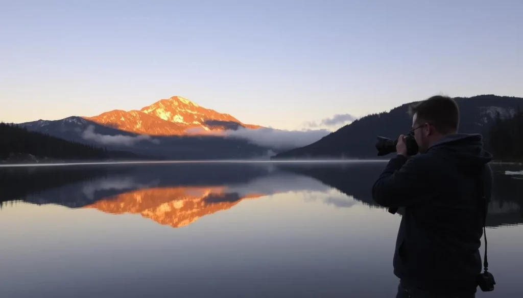 Photographer capturing sunrise over Gull Lake with Carson Peak reflection in water