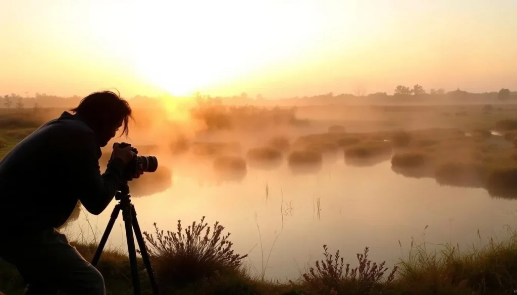 Photographer capturing sunrise over a prairie pond at Allen David Broussard Catfish Creek Preserve State Park