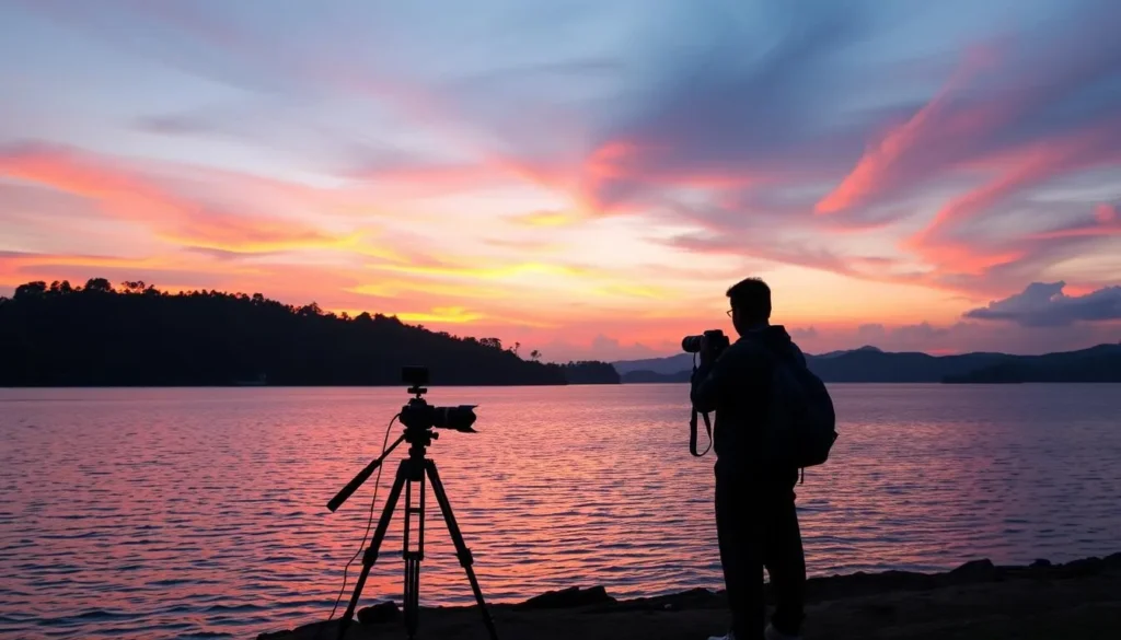 Photographer capturing sunset over Kandy Lake with camera equipment set up along the shore