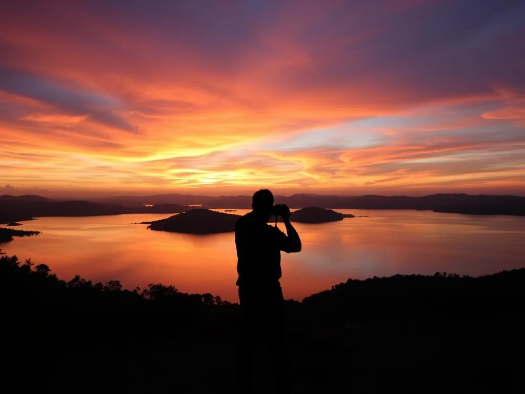 Photographer capturing sunset over Lake Towuti with dramatic colors Photographer capturing sunset over Lake Towuti with dramatic colors