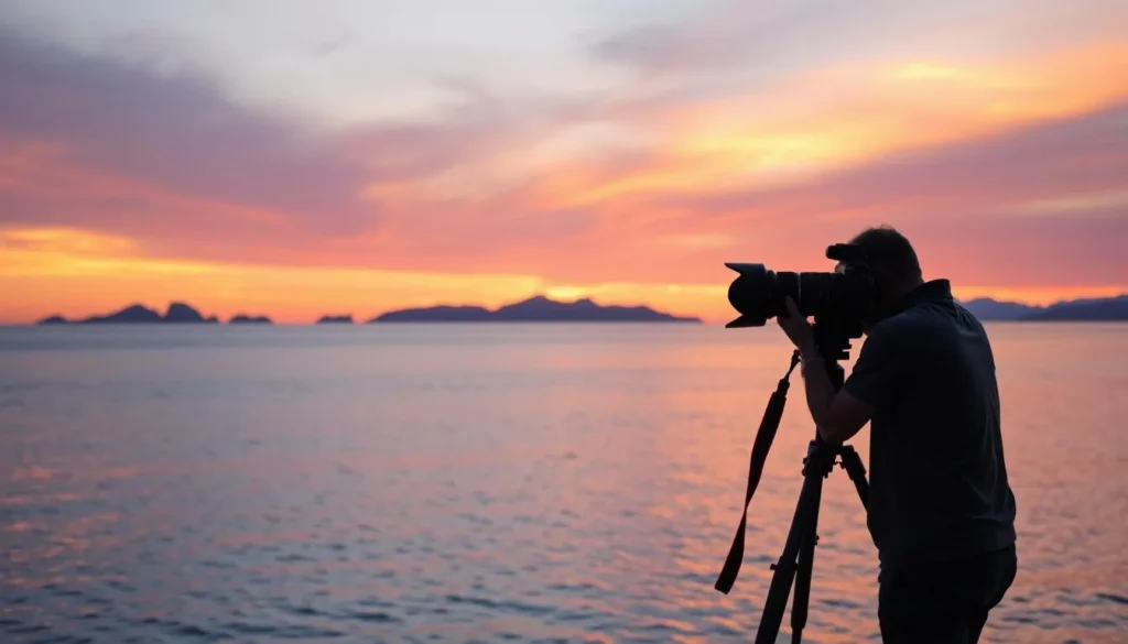 Photographer capturing sunset over islands in Bahia de Loreto National Park