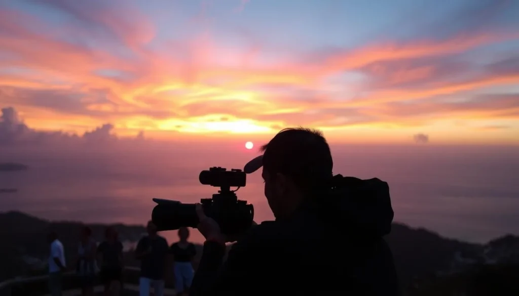 Photographer capturing the Green Flash phenomenon at sunset from Shirley Heights, Antigua Photographer capturing the Green Flash phenomenon at sunset from Shirley Heights, Antigua