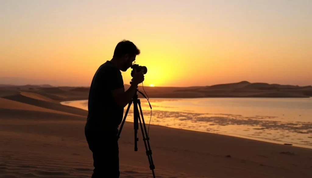 Photographer capturing the dramatic landscape of Khor Al Udaid at sunset
