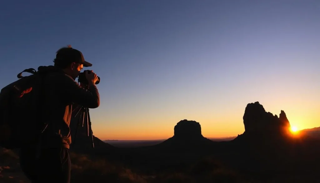 Photographer capturing the dramatic rock formations at sunset in Sierra de Organos National Park