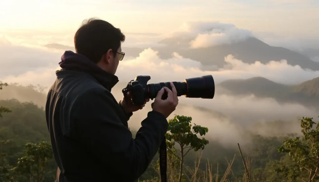 Photographer capturing the misty cloud forest landscape in Pico Pijol National Park