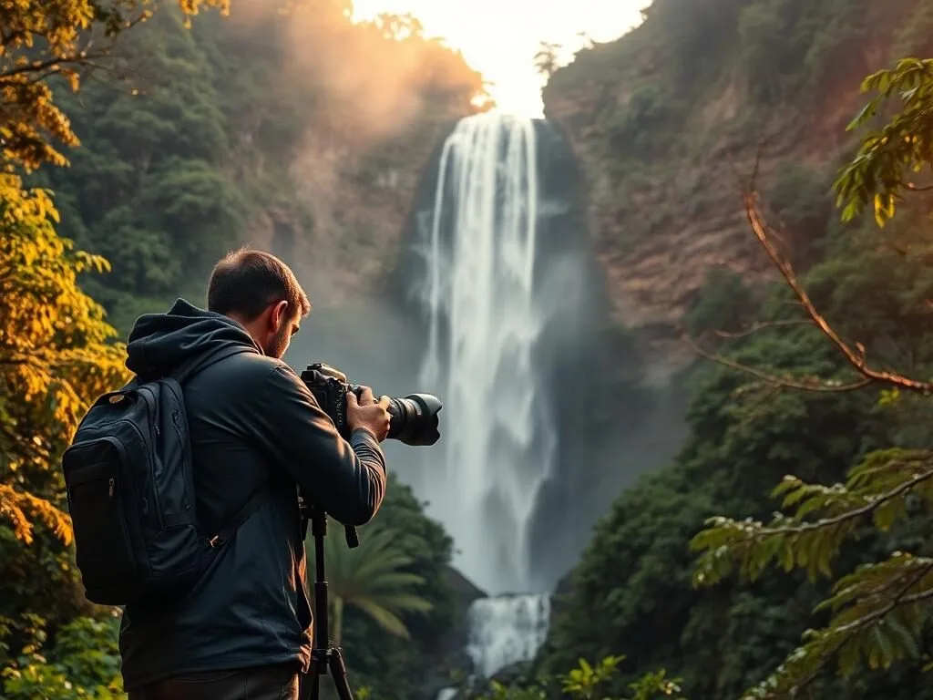 Photographer capturing waterfall in lush forest of Pumalin Park Chile