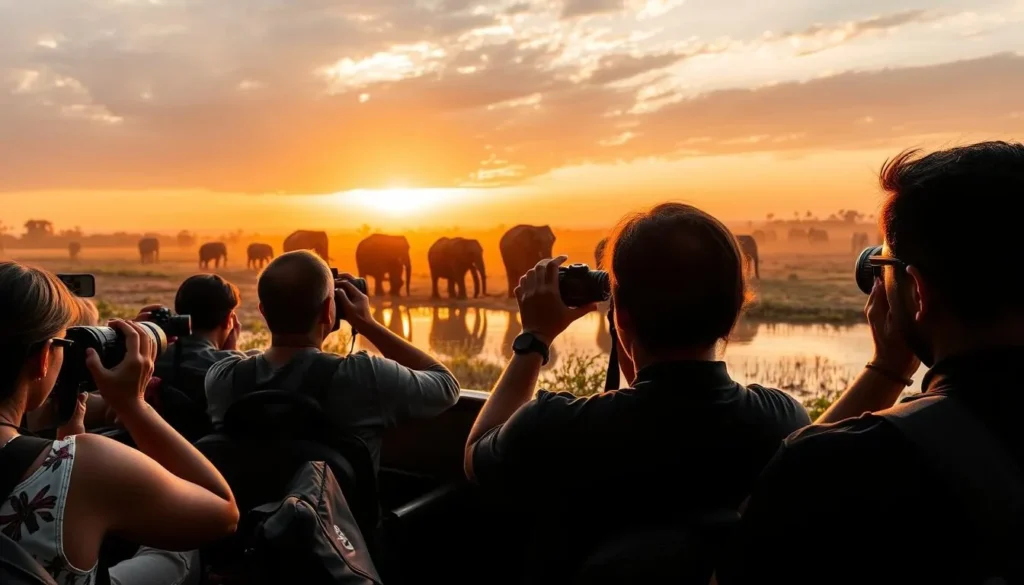 Photographers capturing elephants during golden hour at Kaudulla National Park, Sri Lanka