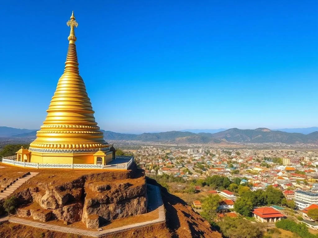 Phu That Stupa with golden Buddha statue overlooking Muang Xay town