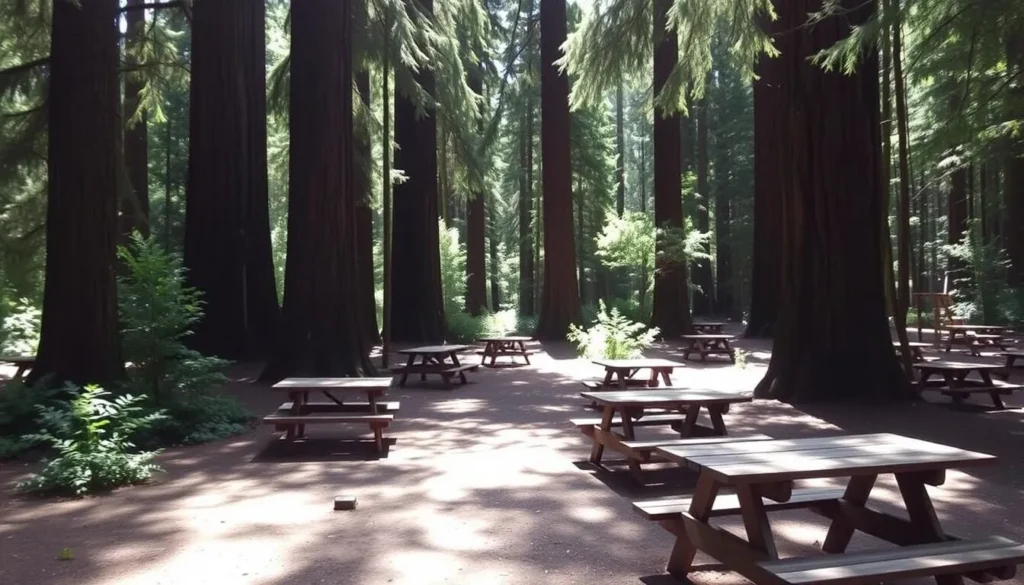 Picnic area among redwood trees in Big Basin Redwoods State Park