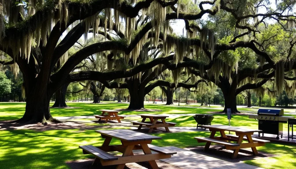 Picnic area at Blue Spring State Park with tables under oak trees