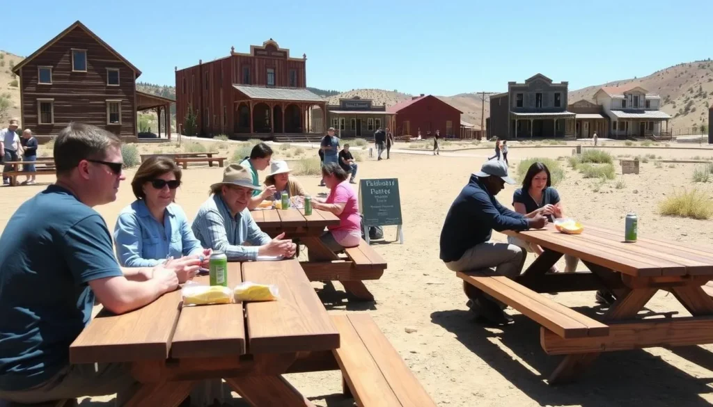 Picnic area at Bodie State Historic Park with visitors enjoying lunch with historic buildings in background