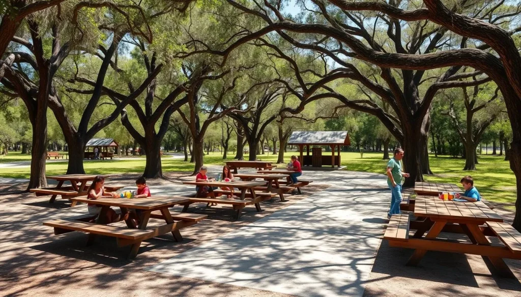Picnic area at Dunns Creek State Park with tables under shade trees Picnic area at Dunns Creek State Park with tables under shade trees