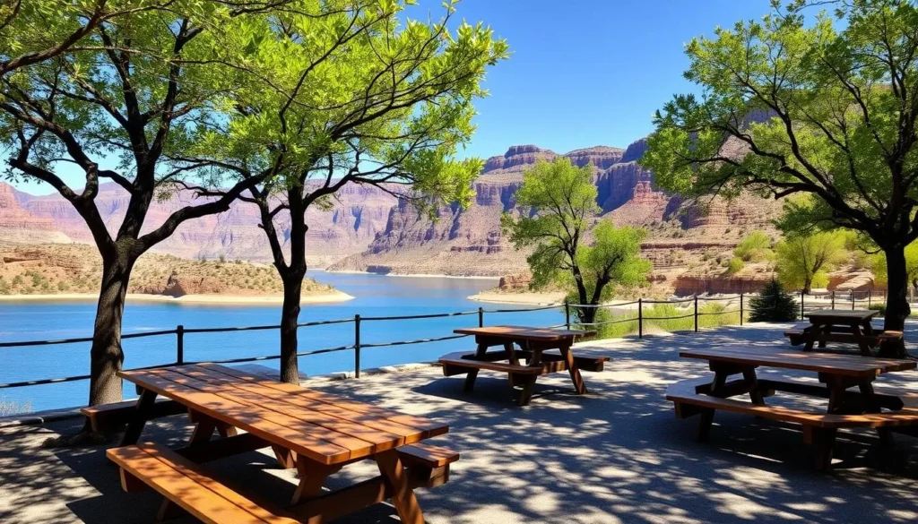 Picnic area at East Canyon State Park with tables overlooking the water