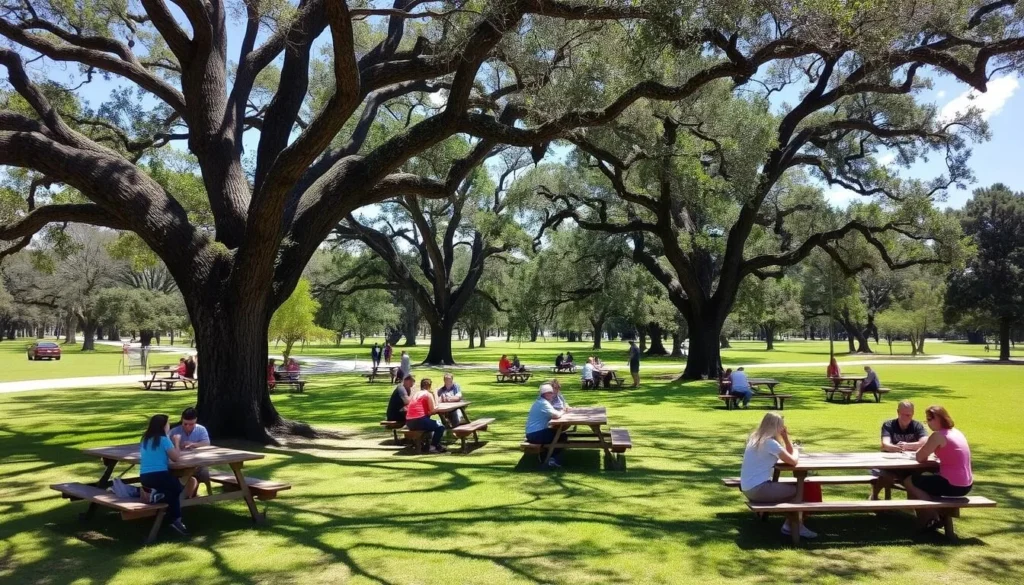 Picnic area at Edward Ball Wakulla Springs State Park with tables under shade trees