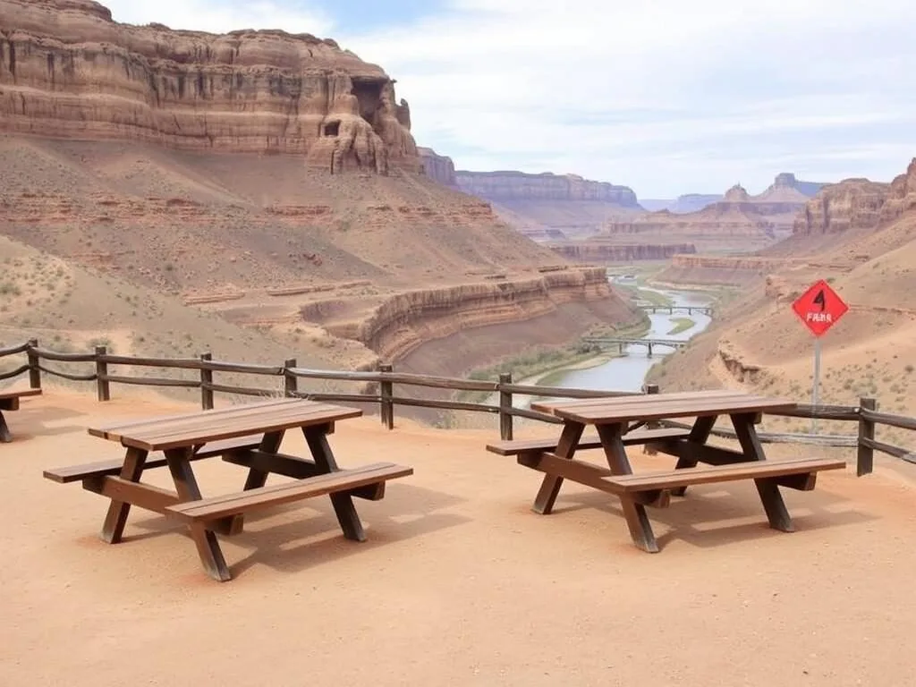 Picnic area at Goosenecks State Park, Utah with tables overlooking the canyon