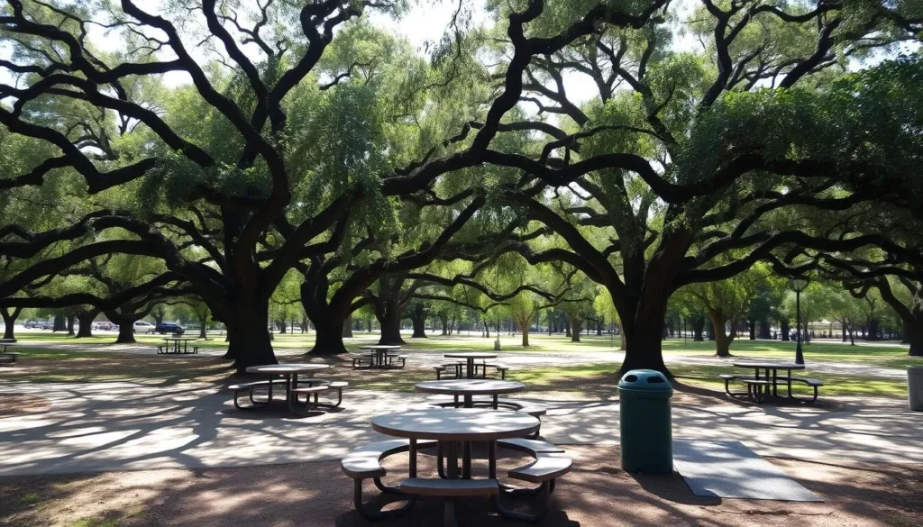 Picnic area at Lake Griffin State Park with tables under shade trees