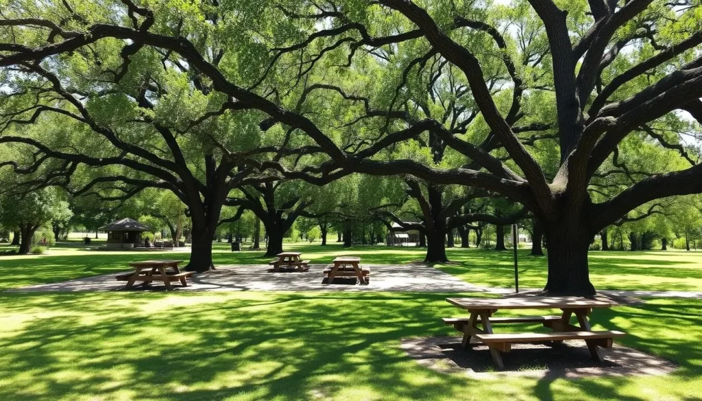 Picnic area at Lake Jackson Mounds Archaeological State Park with tables under shade trees