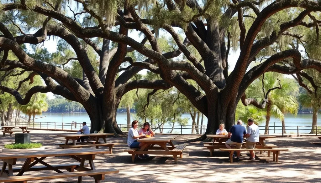 Picnic area at Lake Kissimmee State Park with tables under oak trees near the lake