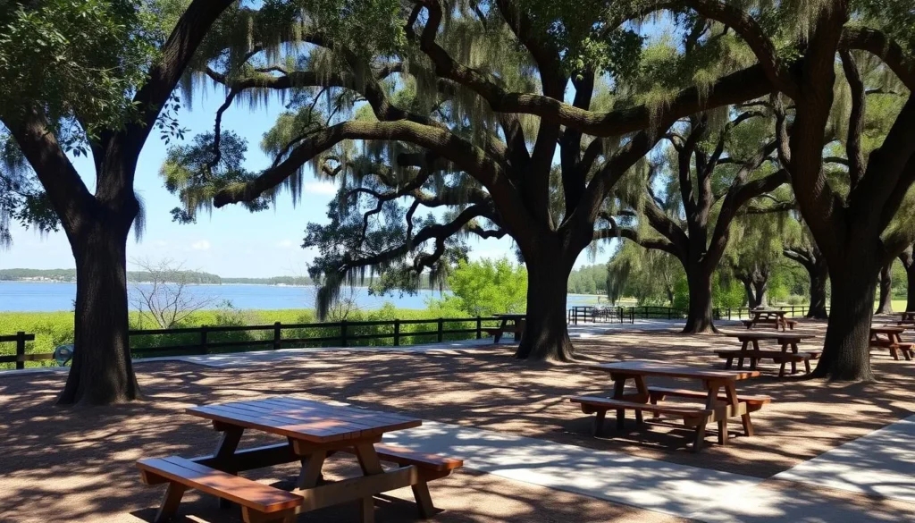 Picnic area at Lake Manatee State Park with tables under shade trees Picnic area at Lake Manatee State Park with tables under shade trees