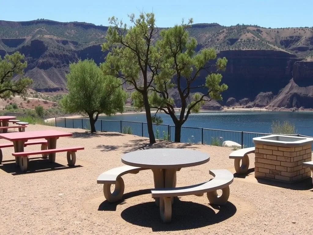 Picnic area at Lake Meredith with tables and grills overlooking the water