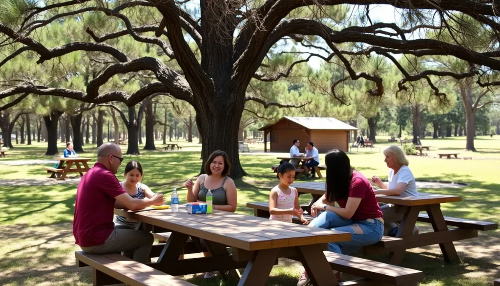 Picnic area at Malakoff Diggins State Historic Park with tables under trees