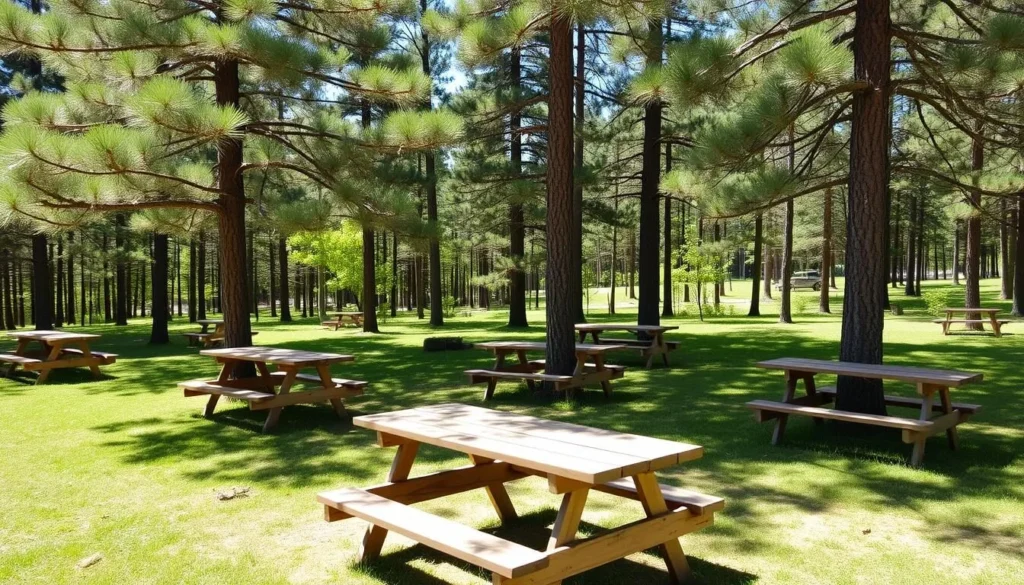 Picnic area at Pattison State Park Wisconsin with wooden tables under tall pine trees