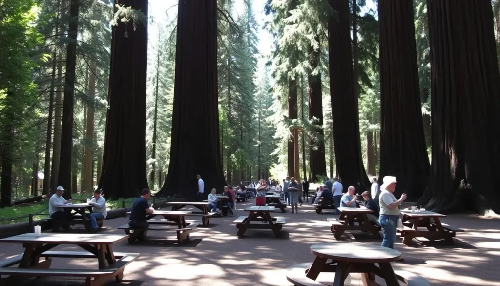 Picnic area at Richardson Grove State Park with tables under redwood trees