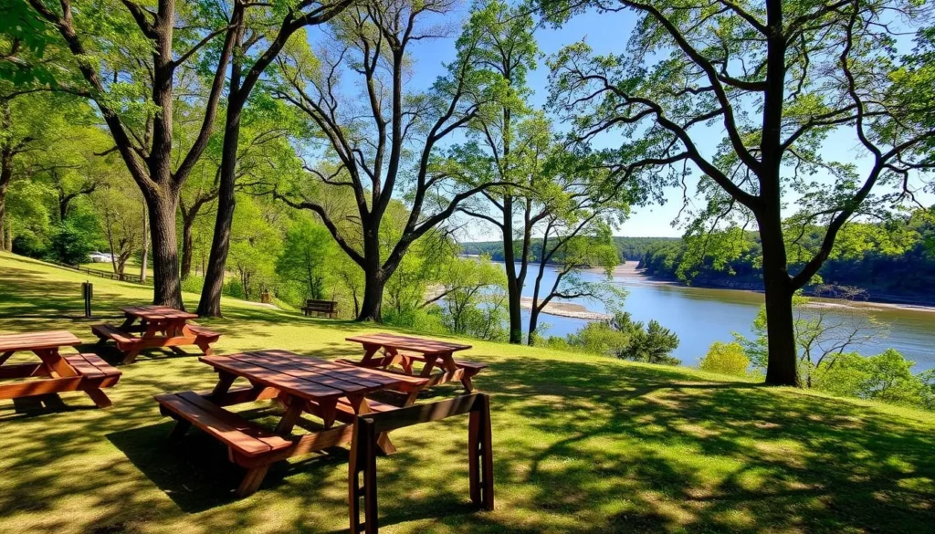 Picnic area at Rock Island State Park with tables overlooking the river Picnic area at Rock Island State Park with tables overlooking the river