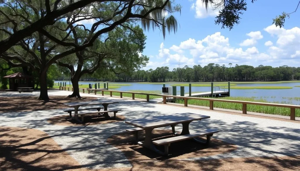 Picnic area at Smith Creek Landing in North Peninsula State Park with tables under shade