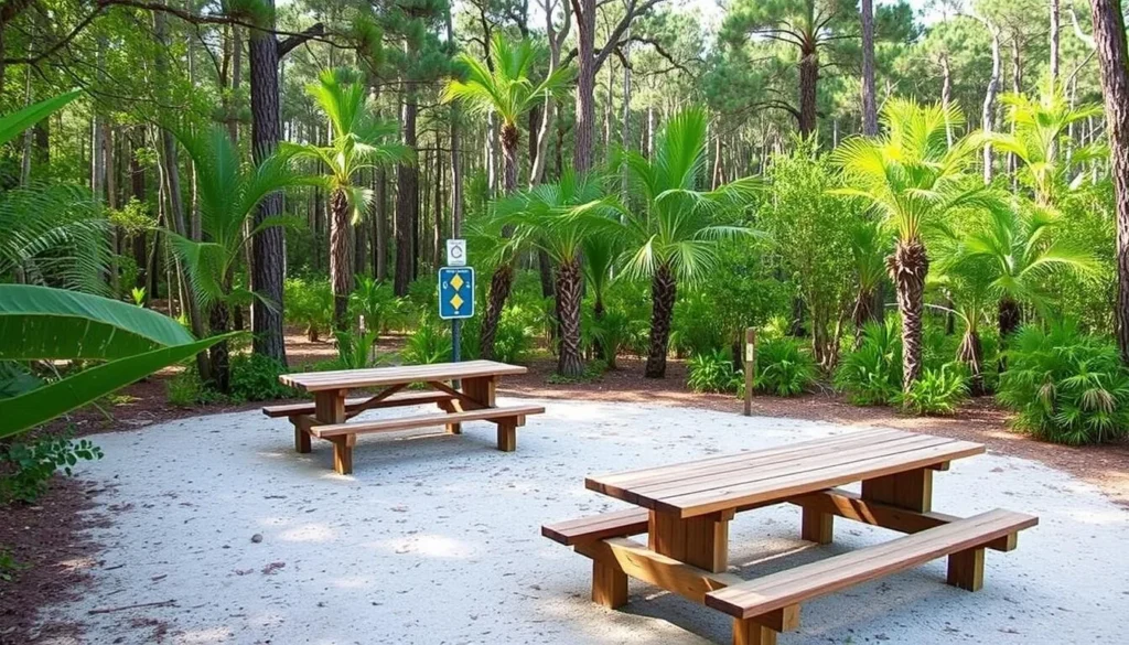 Picnic area at the trailhead of Allen David Broussard Catfish Creek Preserve State Park