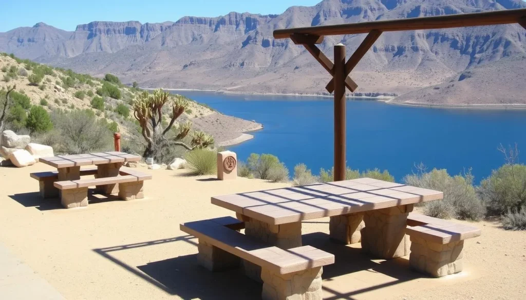 Picnic area overlooking Amistad Reservoir with tables and grills