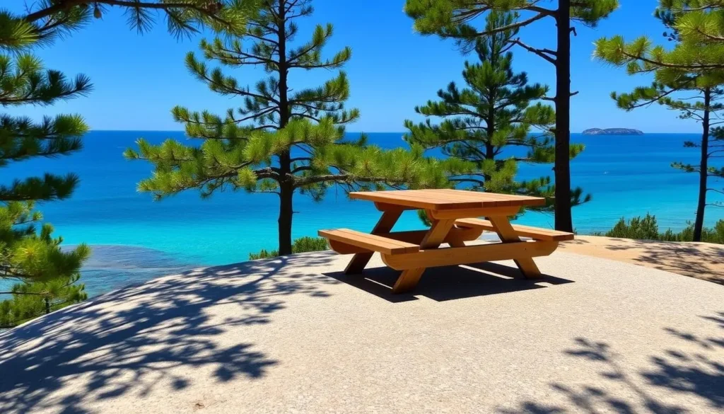 Picnic area overlooking Georgian Bay with granite rocks and pine trees