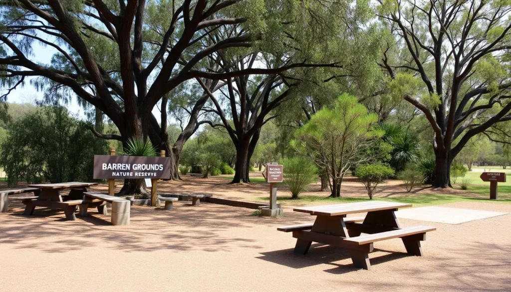 Picnic area with tables near the entrance of Barren Grounds Nature Reserve