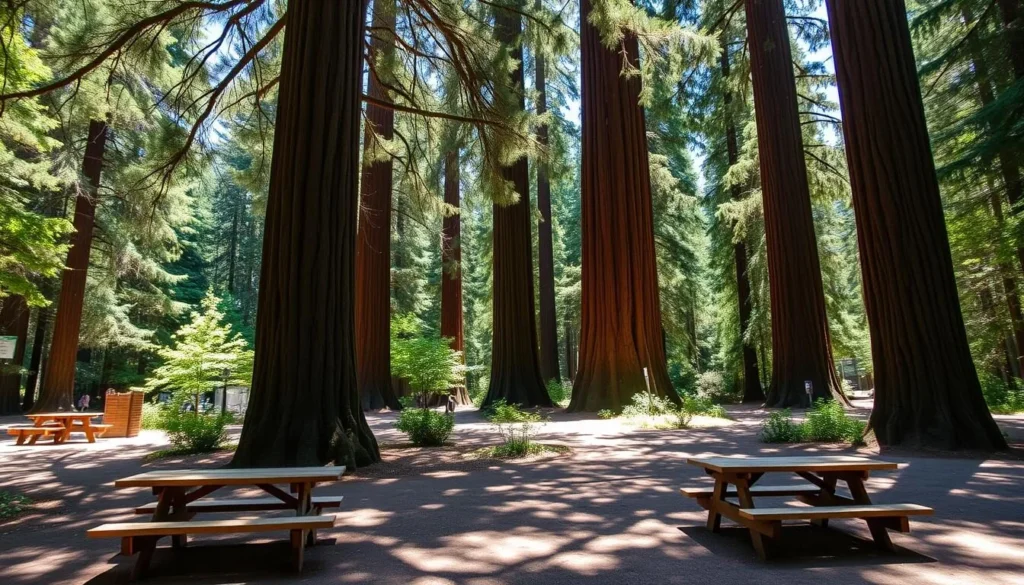 Picnic area with tables under redwood trees at Azalea State Natural Reserve, California