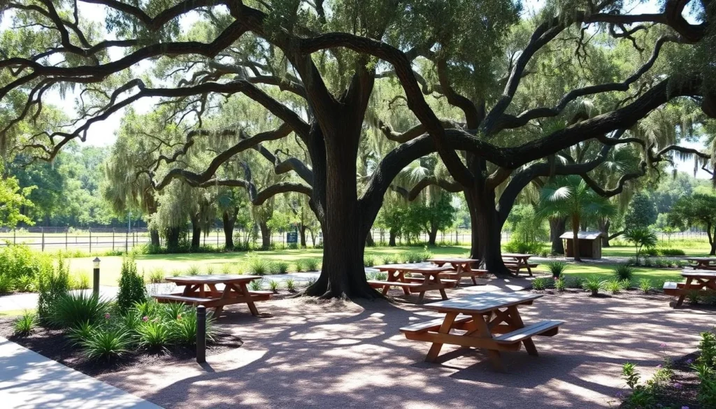 Picnic area with tables under shade trees at Ellie Schiller Homosassa Springs Wildlife State Park Florida