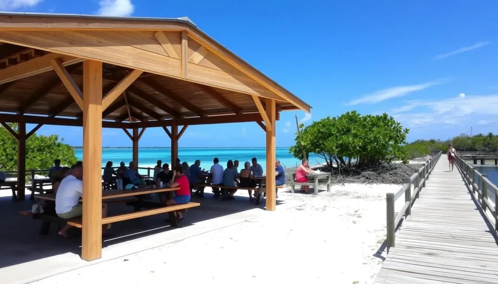 Picnic pavilion at Anne's Beach Islamorada Florida with people enjoying lunch with ocean views