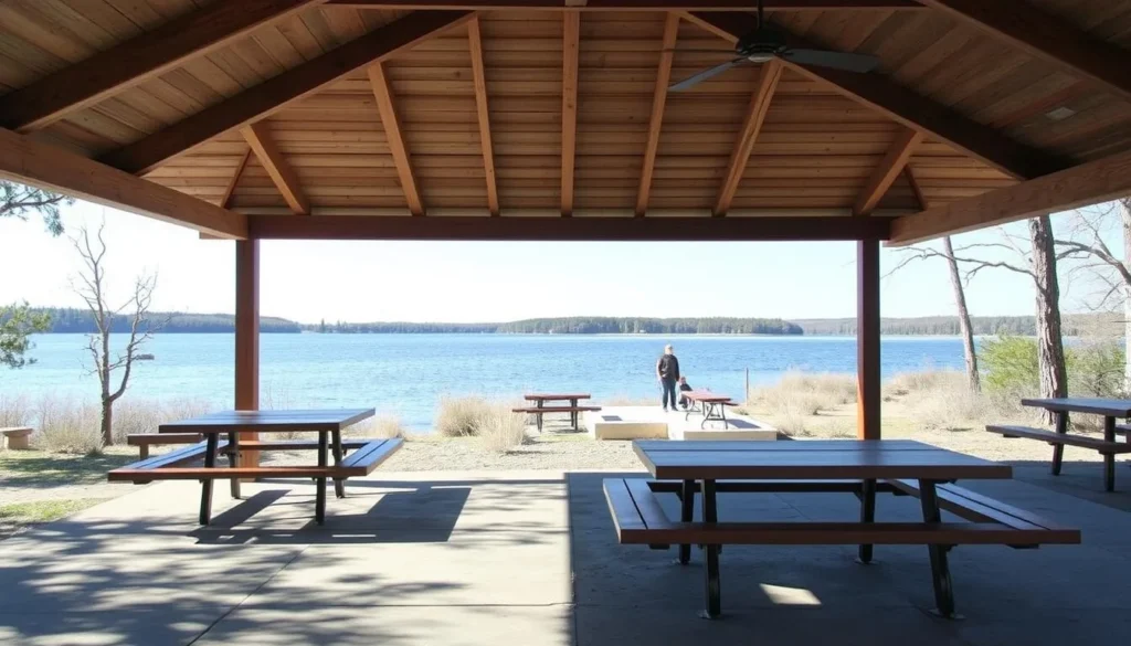 Picnic pavilion at Lake June in Winter Scrub State Park with lake view