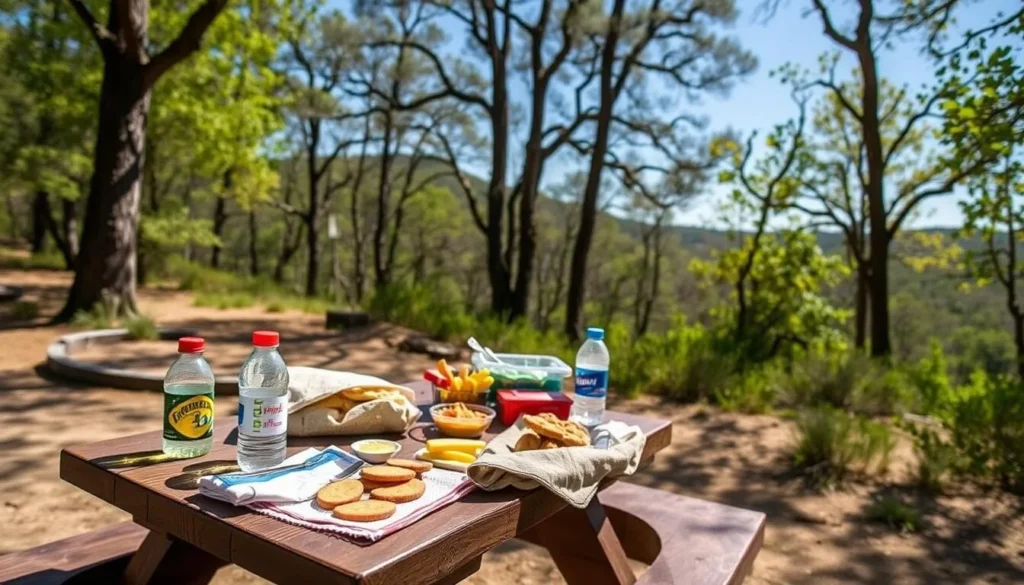 Picnic setup at Austin Creek State Recreation Area with food and supplies