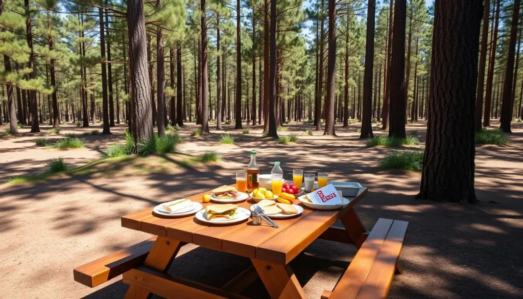 Picnic setup in Mount Crawford Forest with food spread on table under pine trees in South Australia
