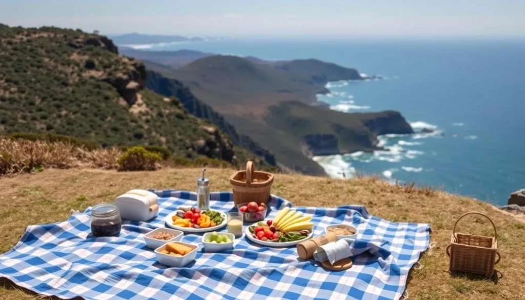 Picnic setup with food spread and ocean view at Innes National Park