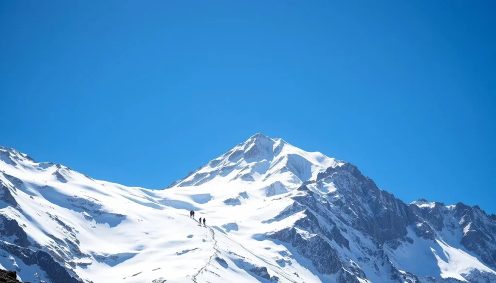 Pico de Orizaba during the dry season showing clear skies and optimal climbing conditions with climbers on a trail